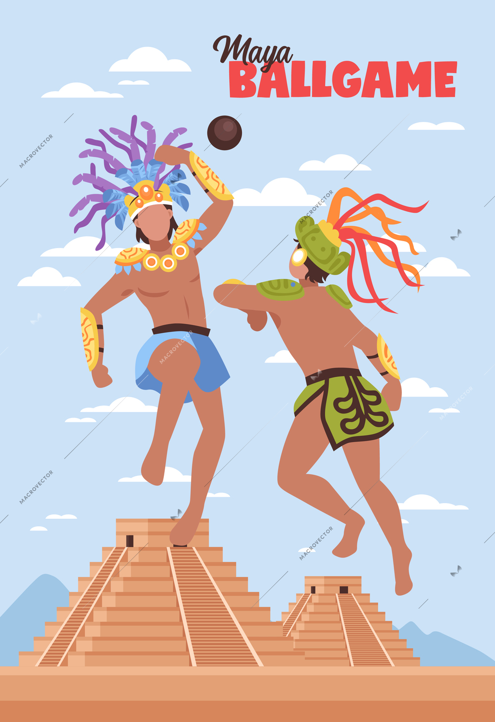 Maya civilization backround vertical composition of two ancient human characters playing ball in front of pyramids vector illustration