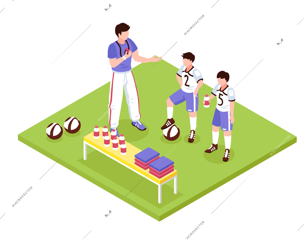 Isometric school sport kids composition with human characters of adult trainer and two boys in uniform vector illustration