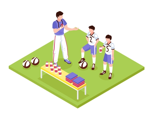 Isometric school sport kids composition with human characters of adult trainer and two boys in uniform vector illustration