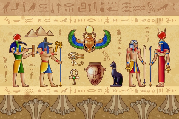 Egypt horizontal vector illustration with ancient egyptian deities and border pattern composed of occult symbols