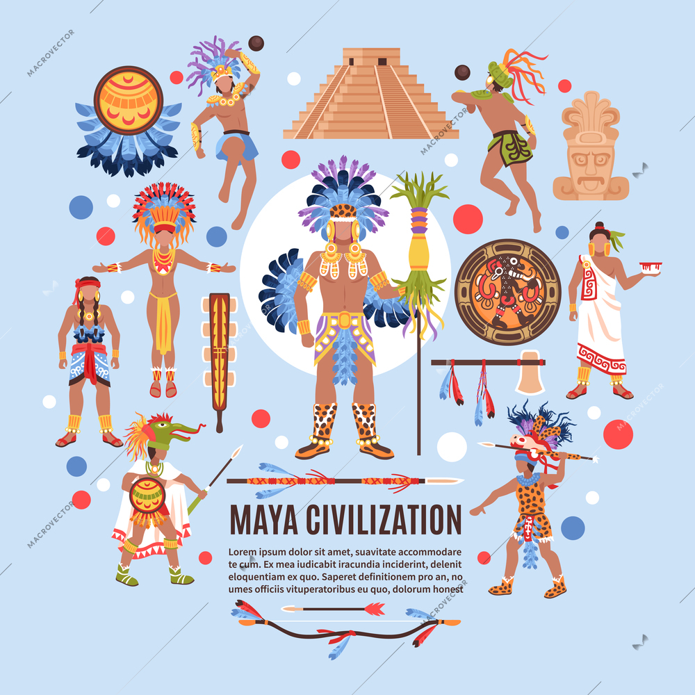 Maya civilization background composition of ethnic human characters traditional symbols and abstract shapes with editable text vector illustration