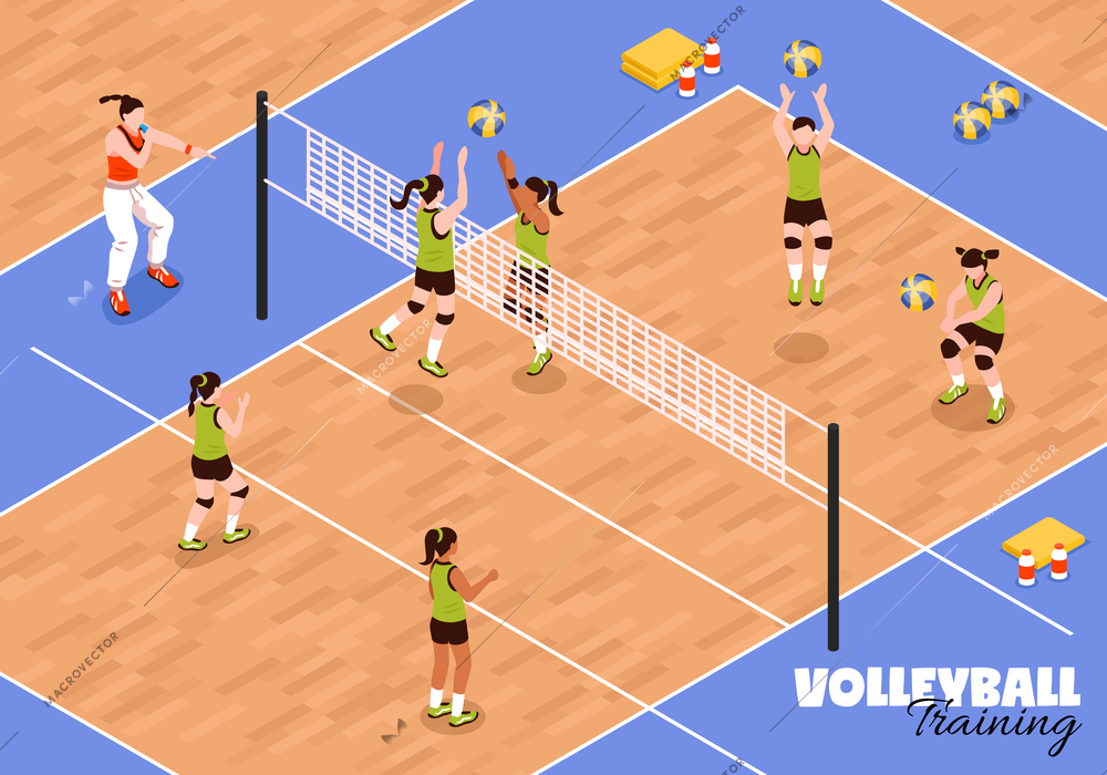 Isometric school sport kids team volleyball background with view of young female athletes during sports match vector illustration