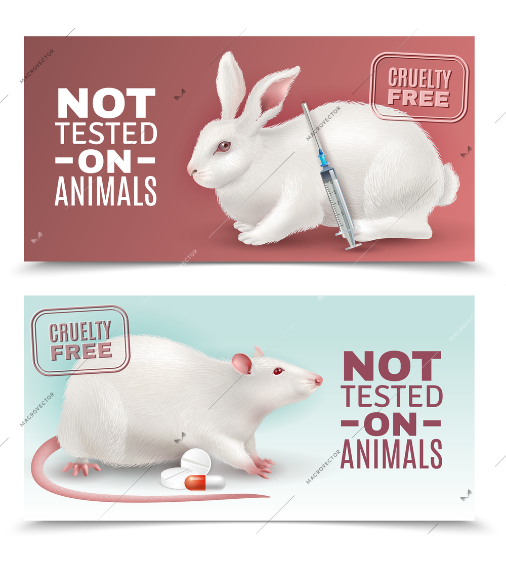 Not tested on animals horizontal banners with rabbit rat medical syringe and pills realistic images vector illustration