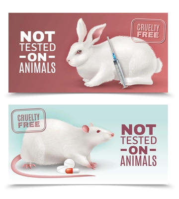 Not tested on animals horizontal banners with rabbit rat medical syringe and pills realistic images vector illustration