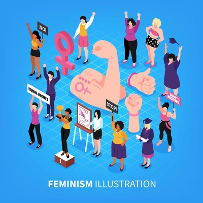 Isometric feminism composition with symbolic images of fists and human characters of female activists with women vector illustration