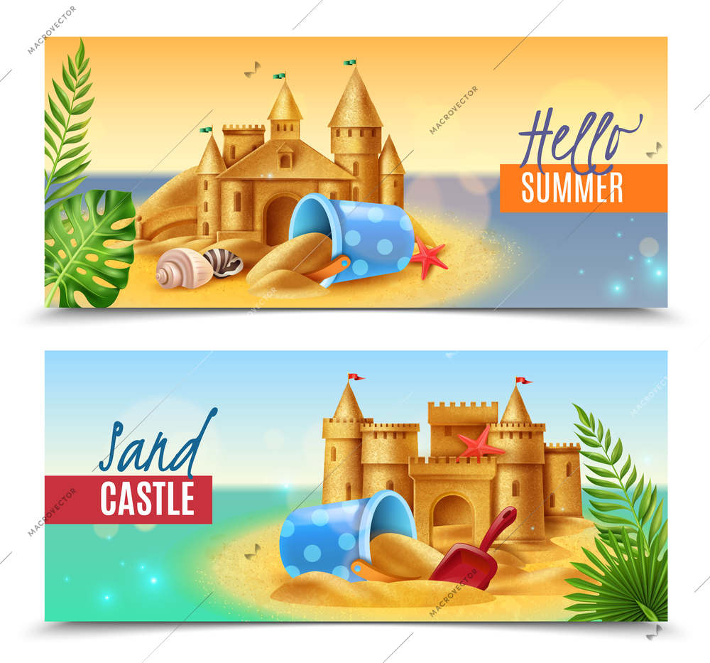 Hello summer realistic banners with sand children toys and sandy castles on south sea background vector illustration