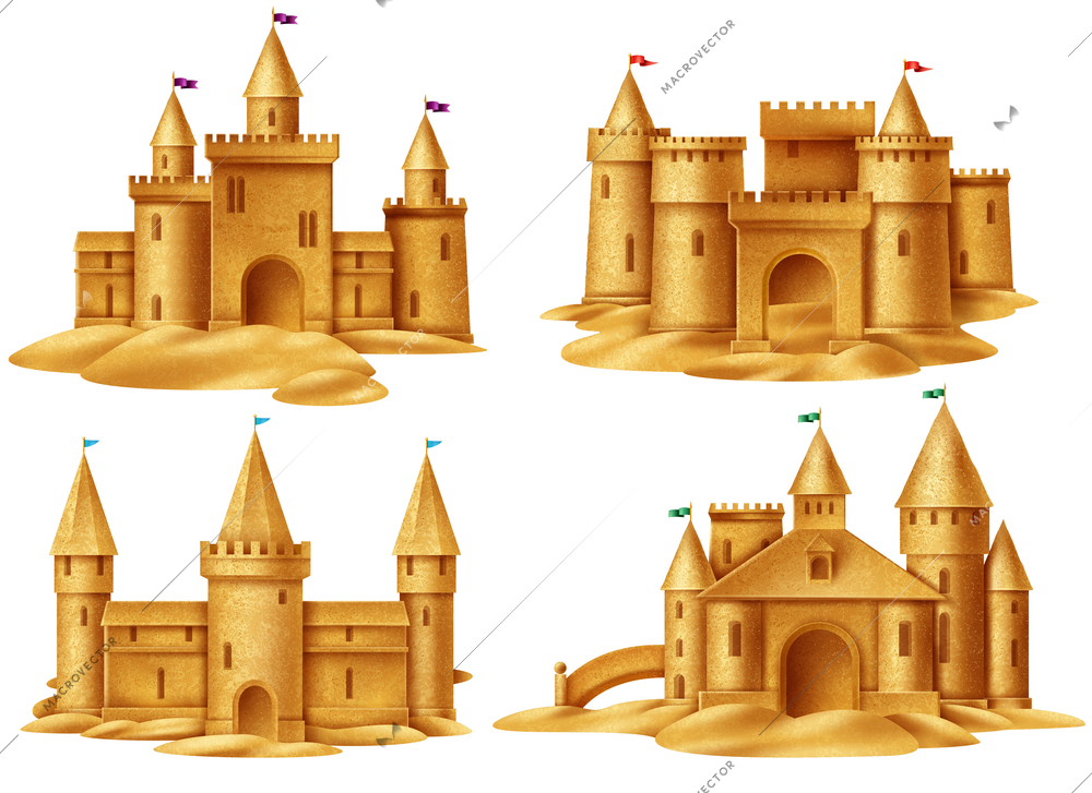 Beach sand castle 2x2 design concept set for childrens summer games on sea coast realistic vector illustration