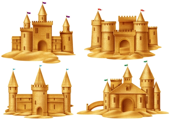 Beach sand castle 2x2 design concept set for childrens summer games on sea coast realistic vector illustration