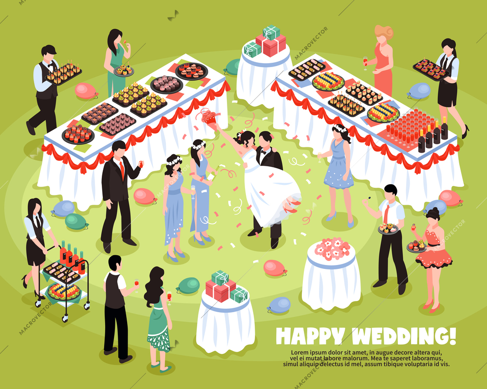 Isometric banquet wedding background composition with editable text description and characters of party guests and waitstaff vector illustration