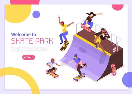 Isometric skateboard concept banner composition with images of skateboarder characters on quarter pipe with editable text vector illustration