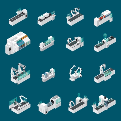 Industrial robots automation isometric set of isolated images with icons of robotic medical and production facilities vector illustration
