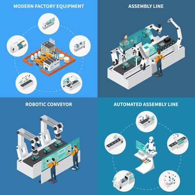 Industrial robots automation isometric 2x2 design concept with production robotic automation units with icons and editable text vector illustration
