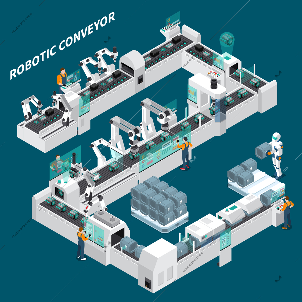 Industrial robots automation isometric composition with human characters and robotic arm manipulators with text captions vector illustration