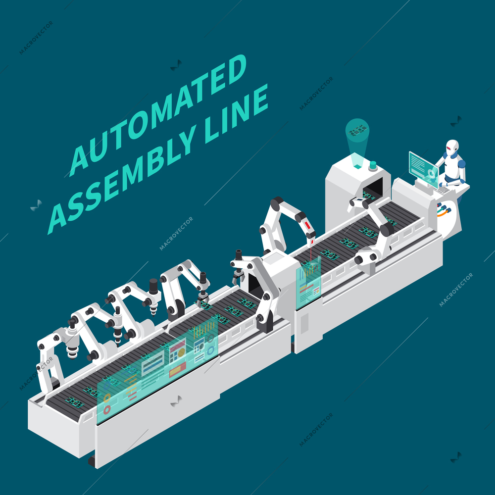 Industrial robots automation isometric composition with editable text and industrial assembly line with arm manipulators vector illustration