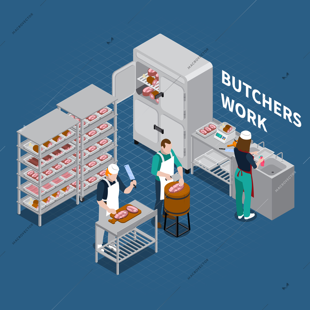 Butchery sausage shop isometric composition of editable text and human characters with slaughterman and meat man vector illustration