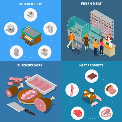 Butchery sausage shop isometric 2x2 design concept with isolated pictograms and icons with meat products vector illustration