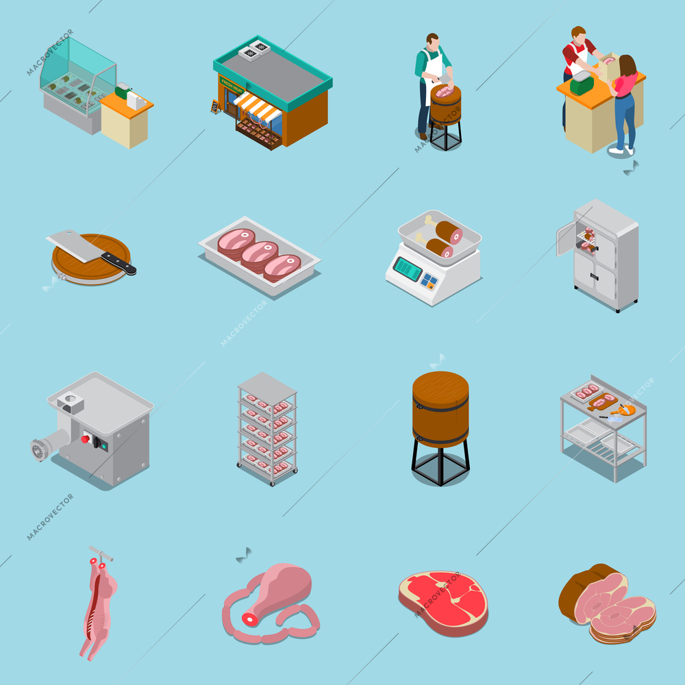 Butchery sausage shop isometric icons collection of sixteen isolated icons with human characters and production facilities vector illustration