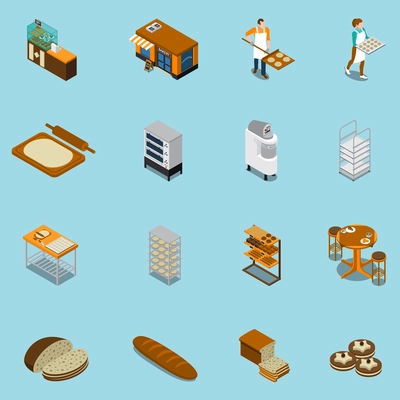 Bakery bread production isometric icons set of sixteen isolated images with human characters and ready products vector illustration