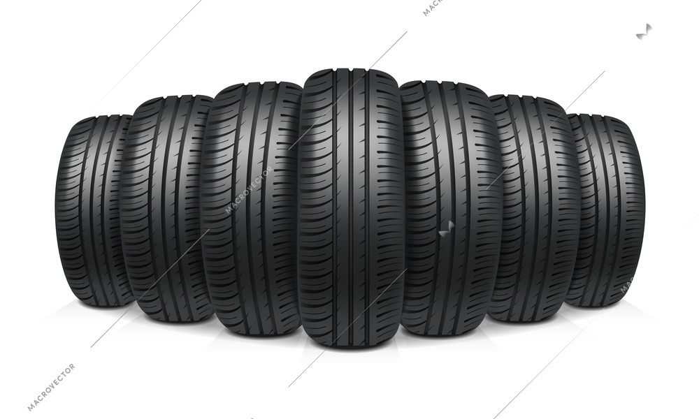 Car tires with similar tread assembled in row realistic design concept vector illustration