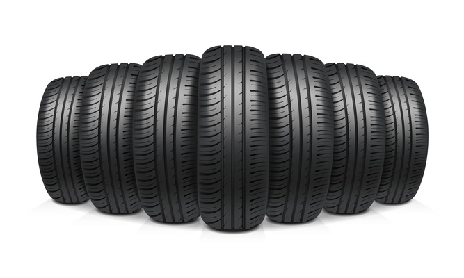 Car tires with similar tread assembled in row realistic design concept vector illustration