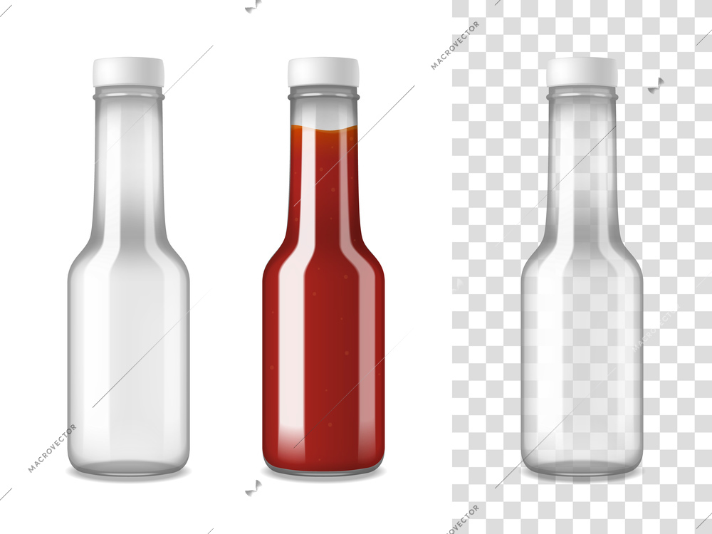 Closed glass bottles for ketchup on white and transparent separated backgrounds realistic set vector illustration