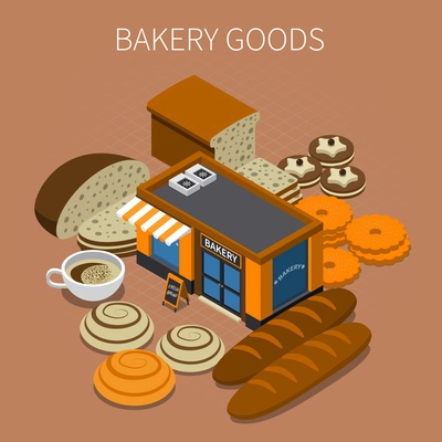 Bakery bread production isometric composition with images of ready products and marketing buildings with text vector illustration