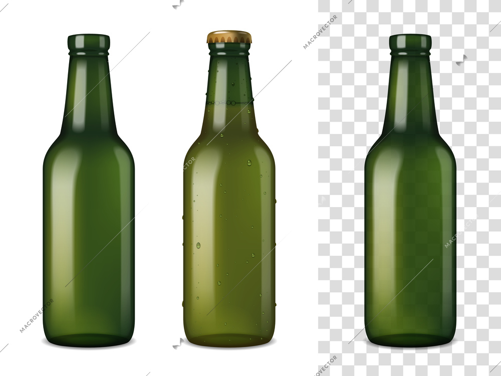 Realistic set of empty and filled with cooled beer glass bottles on white and transparent compound backgrounds vector illustration