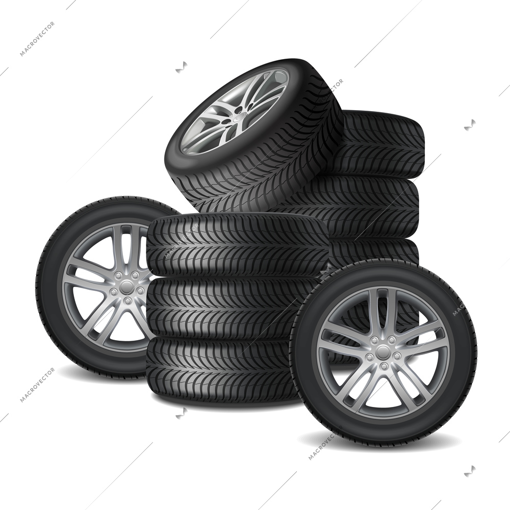 Heap of car wheels with alloy disks and new rubber tires realistic vector illustration