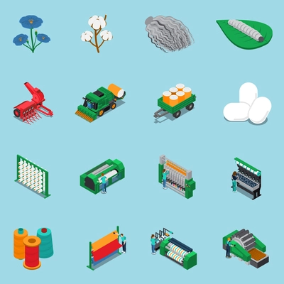 Set of sixteen isolated textile industry isometric icons with native plants and ready products with factory facilities vector illustration