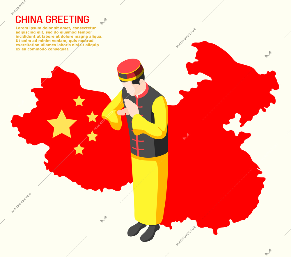 Isometric background with man from china greeting someone 3d vector illustration