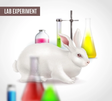 Scientific lab experiment poster with white rabbit and tubes with chemicals realistic vector illustration