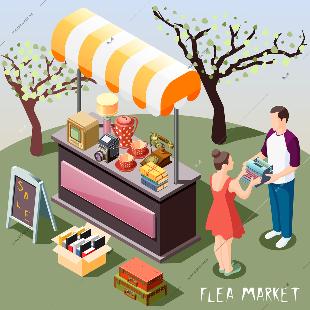 Isometric background with people and different objects at outdoor flea market 3d vector illustration