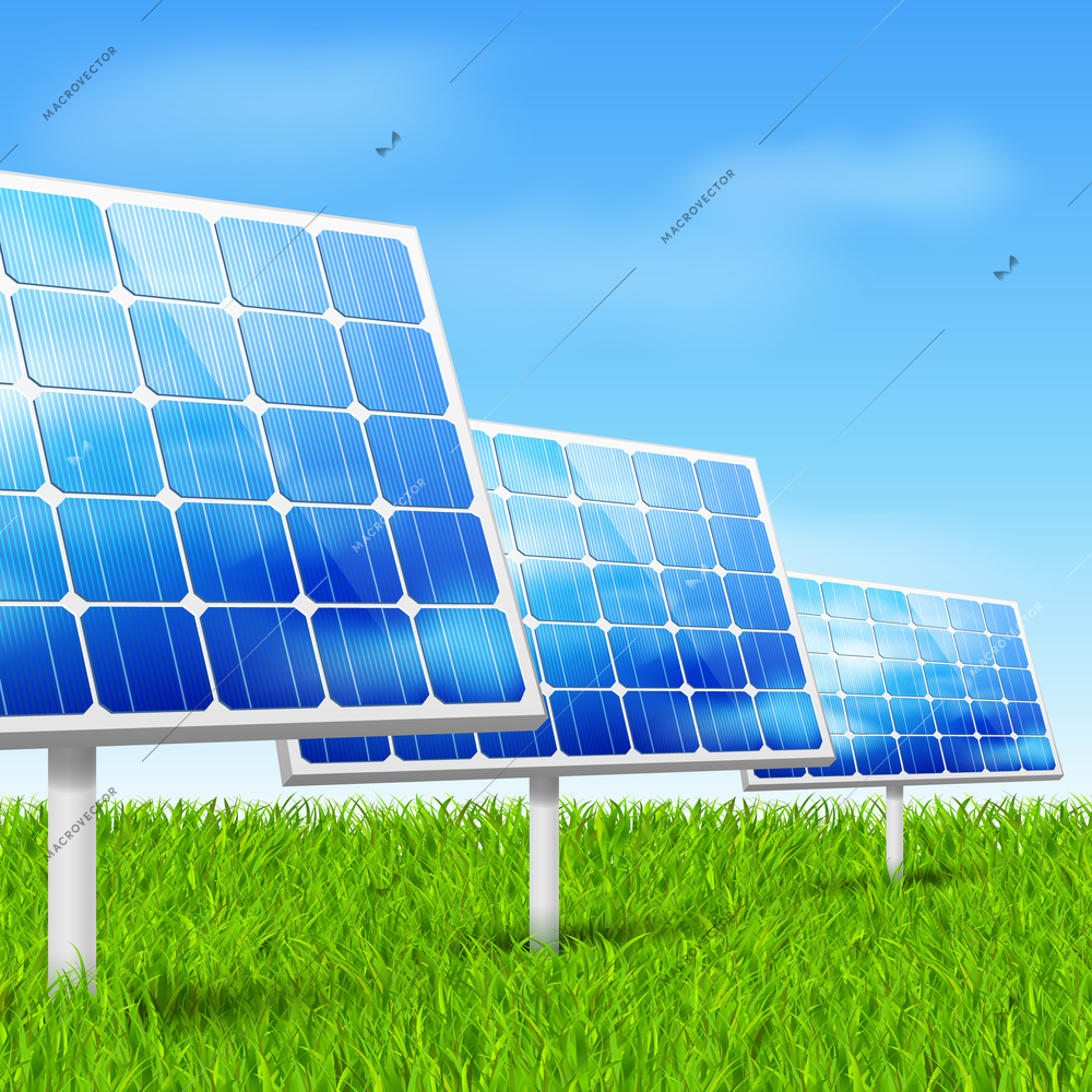 Eco energy concept solar panels in grass vector illustration