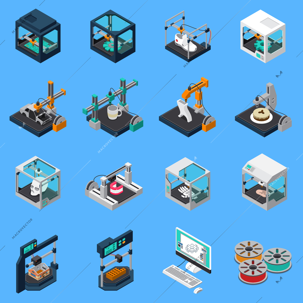 3D printing industry isometric icons collection with isolated icons of industrial stitching facilities and sewings machines vector illustration