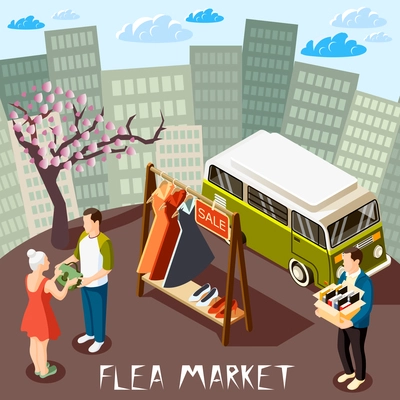 People choosing goods at flea market on cityscape background isometric composition 3d vector illustration