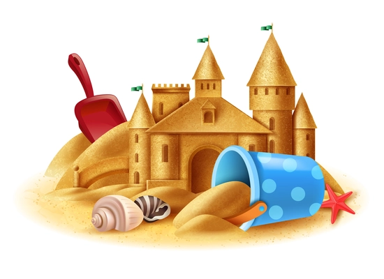 Sand castle construction realistic background with sandpit kit and seashells on sea beach vector illustration