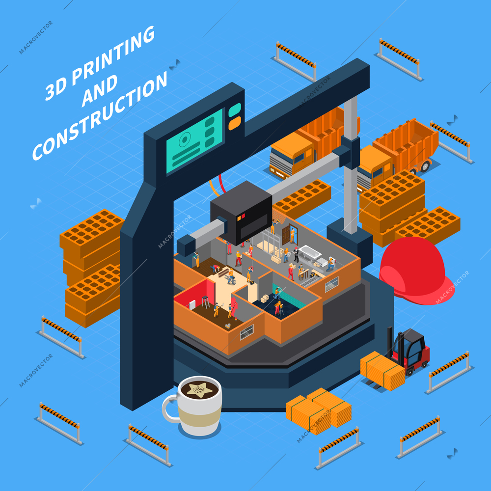 Printing industry isometric composition with images of 3d printing facilities with bricks and editable text vector illustration
