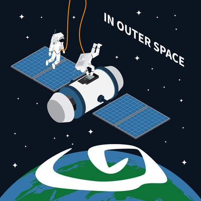 Astronaut cosmonaut taikonaut isometric composition with space satellite and images of astronauts repairing spaceship with text vector illustration