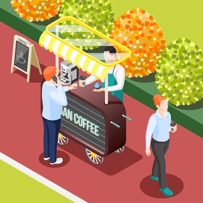 Isometric background with street coffee trailer 3d vector illustration