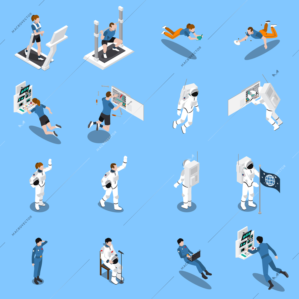 Astronaut cosmonaut taikonaut isometric icons set of sixteen isolated icons of testers and real candidates vector illustration