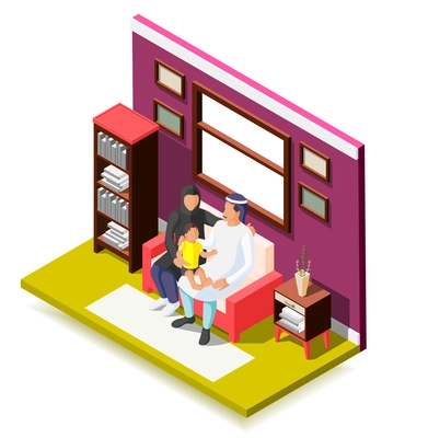 Arabic family with child sitting on sofa colorful isometric composition on white background 3d vector illustration