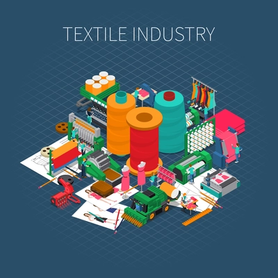 Textile industry isometric composition with editable text description and composition of images with sewing spool and needles vector illustration