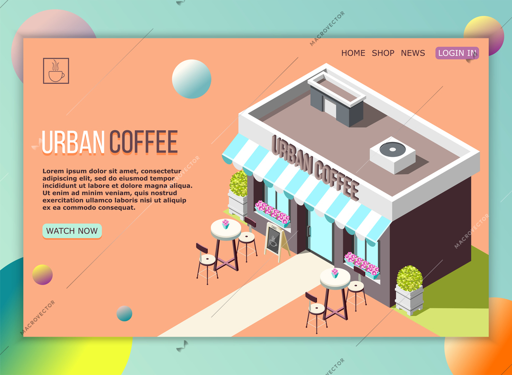 Isometric landing page with street coffee cafe exterior and text field 3d vector illustration