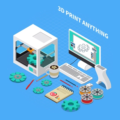 Printing industry isometric composition with images of three dimensional printer with computer and software with text vector illustration