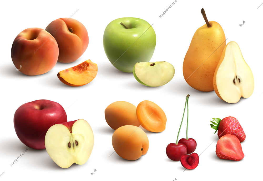 Cutted fruits realistic set including apple pear cherry peach apricot strawberry isolated vector illustration