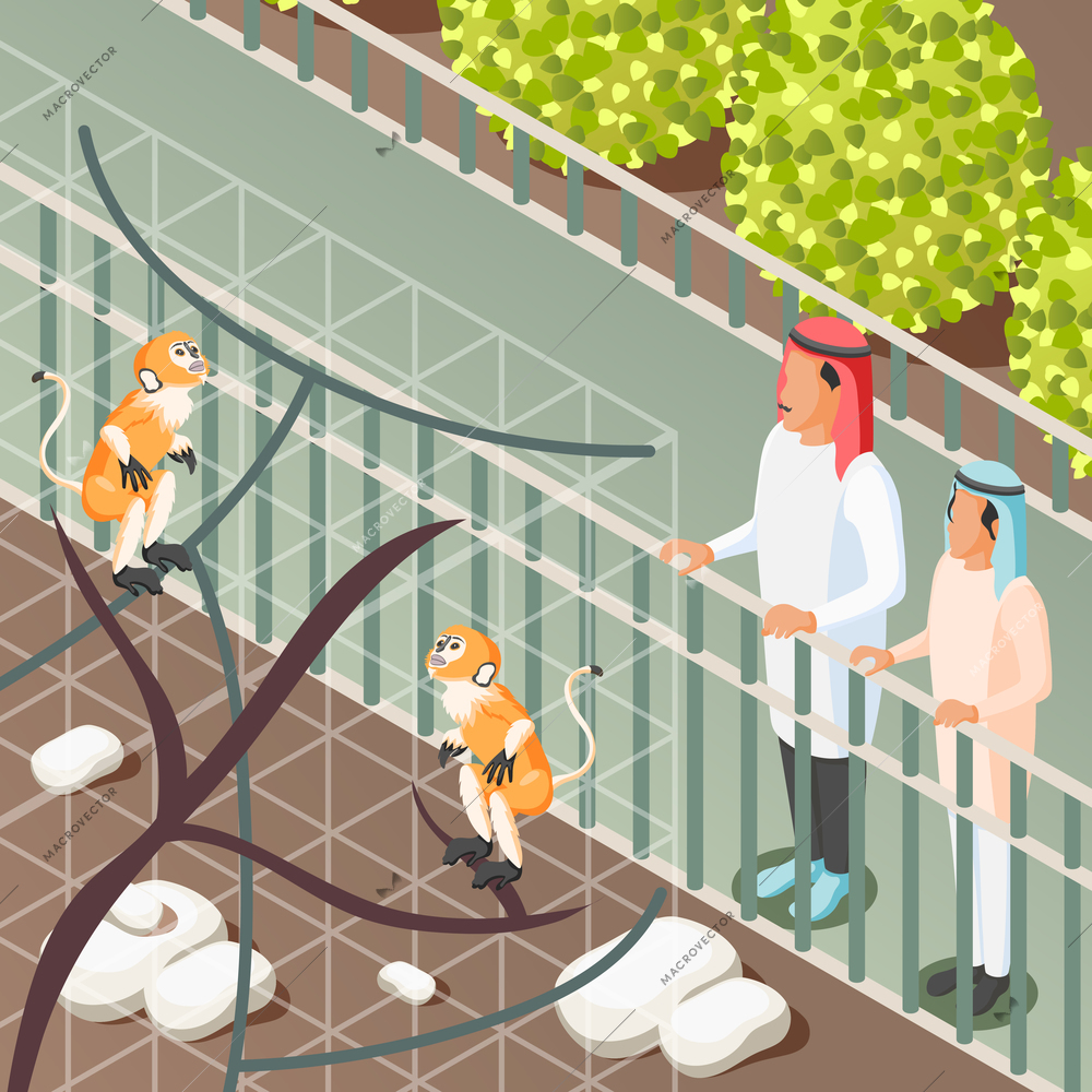 Isometric background with arabic family looking at monkeys in zoo 3d vector illustration