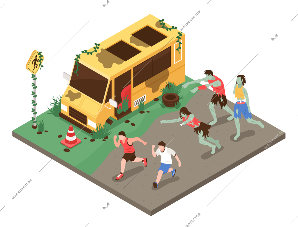 Isometric zombie apocalypse composition with group of zombies pursueing healthy people in front of broken car vector illustration