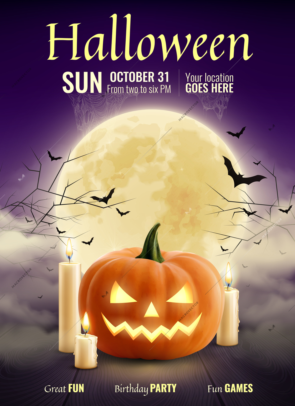 Halloween party realistic poster with pumpkin candles big glowing moon ball on night sparkle sky and bats vector illustration