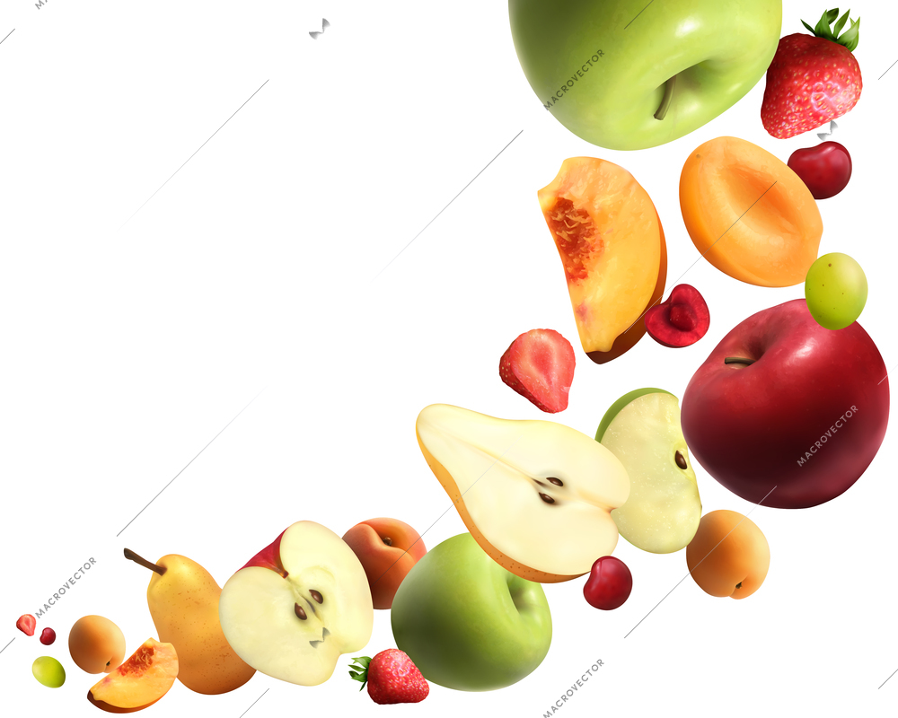 Colorful abstract composition in realistic style with whole and cutted falling fruits vector illustration