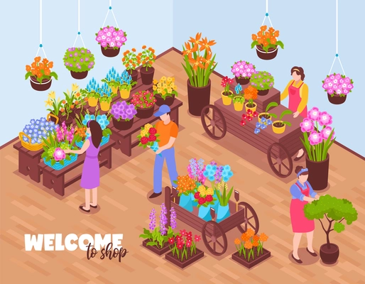 Isometric florist background with view of indoor venue and flover vendors selling bough-pots with text vector illustration